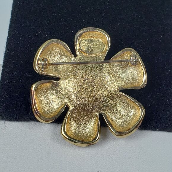 Vintage Carolee Bronze/Pink Daisy Enamel Pearl Rhinestone Gold Tone Brooch - Picture 8 of 9